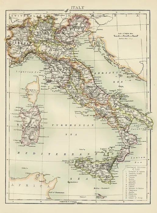 Framed Print : Map of Italy 1878