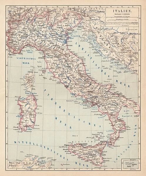 Map of Italy, lithograph, published in 1876