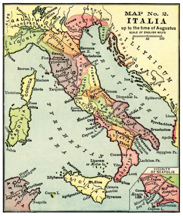 Framed Print : Map of Italy in the times of Augustus 1889 Framed Print : Map of Italy in the times of Augustus 1889