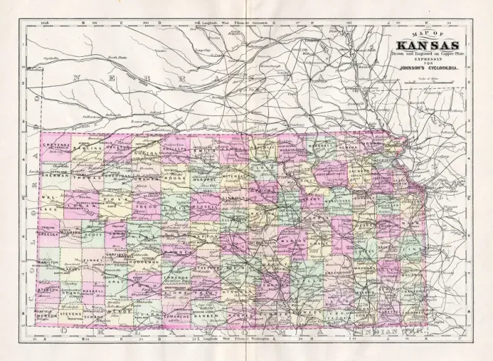 Framed Print : Map of Kansas 1894 Framed Print : Map of Kansas 1894