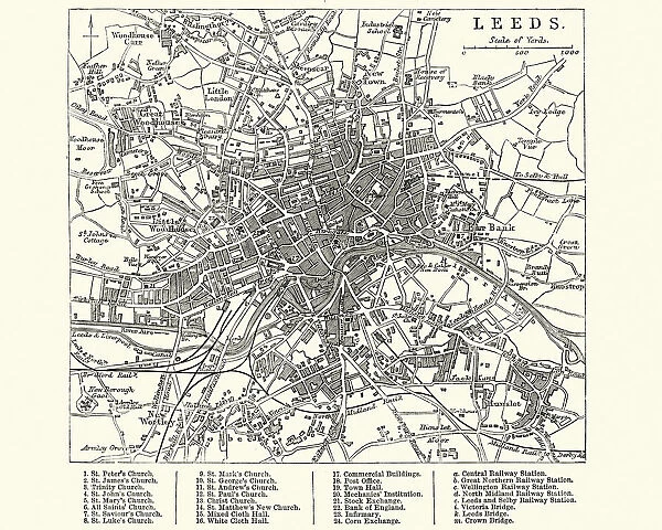 Map of Leeds, Wesy Yorkshire, England 19th Century