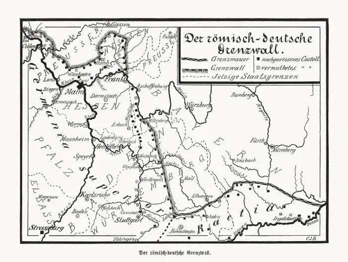 Framed Print : Map of Limes in southern Germany, wood engraving, published 1892 Framed Print : Map of Limes in southern Germany, wood engraving, published 1892