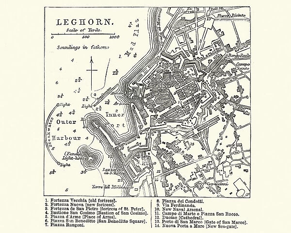 Map of Livorno (Leghorn), Tuscany, Italy, 19th Century