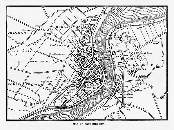 Map of Londonderry, Derry, Donegal, Northern Ireland, Victorian Engraving, 1840