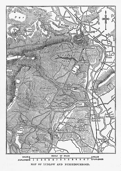 Map of Ludlow, England Victorian Engraving, Circa 1840