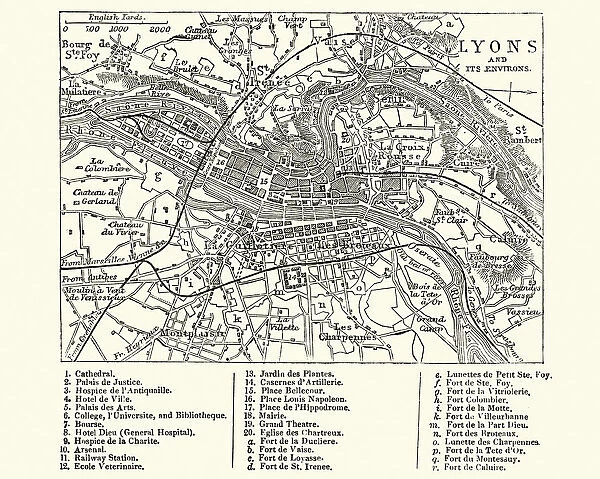 Map of Lyons, France, 19th Century