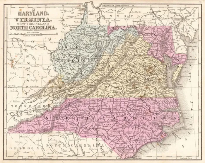 Framed Print : Map of Maryland Virginia North Carolina 1867 Framed Print : Map of Maryland Virginia North Carolina 1867