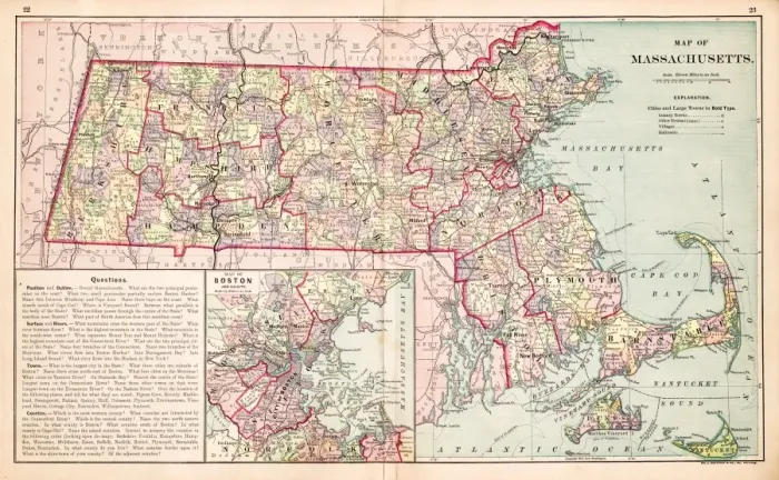 Framed Print : Map of Massachusetts USA 1883 Framed Print : Map of Massachusetts USA 1883