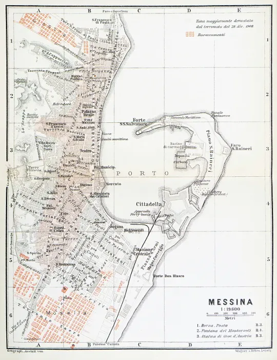 Framed Print : Map of Messin, a harbor city in northeast Sicily, , Italy - 1893 Framed Print : Map of Messin, a harbor city in northeast Sicily, , Italy - 1893