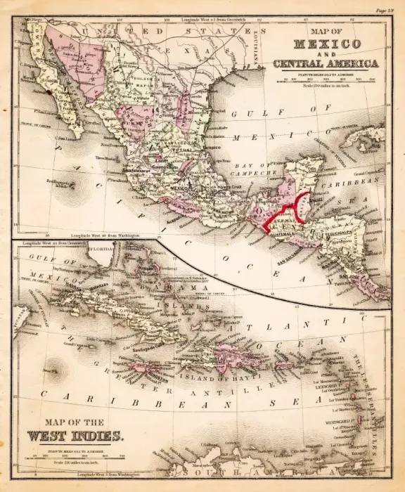Framed Print : Map of Mexico and West Indies 1883 Framed Print : Map of Mexico and West Indies 1883