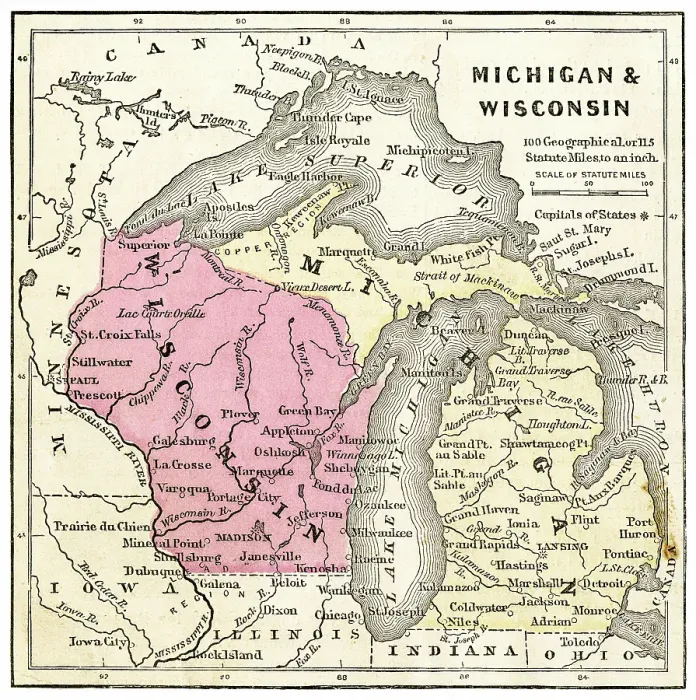 Framed Print : Map of Michigan and Wisconsin 1871 Framed Print : Map of Michigan and Wisconsin 1871