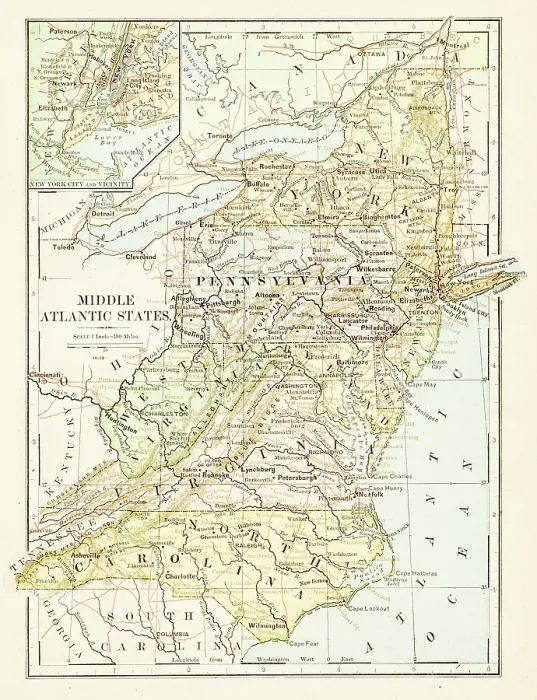 Framed Print : Map of Middle Atlantic States 1875 Framed Print : Map of Middle Atlantic States 1875