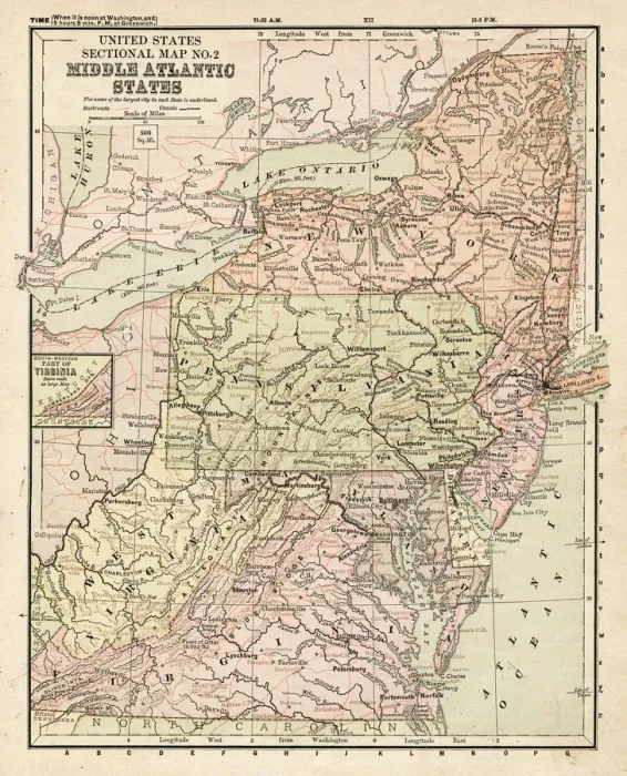 Framed Print : Map MIddle Atlantic States 1881 Framed Print : Map MIddle Atlantic States 1881
