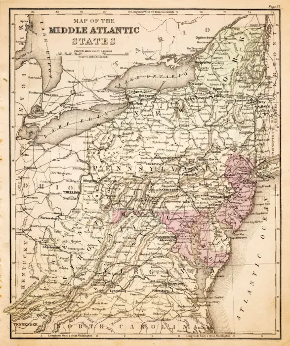 Framed Print : Map of Middle states USA 1883 Framed Print : Map of Middle states USA 1883