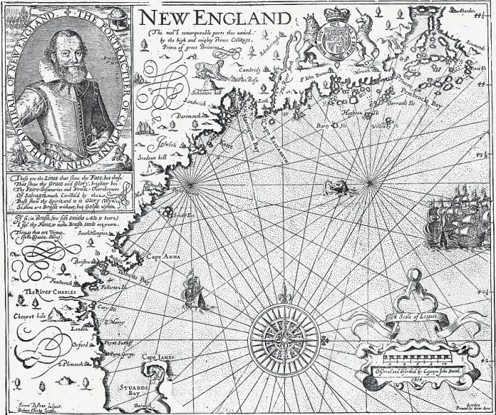 Framed Print : Map of New England with Portrait of John Smith Framed Print : Map of New England with Portrait of John Smith