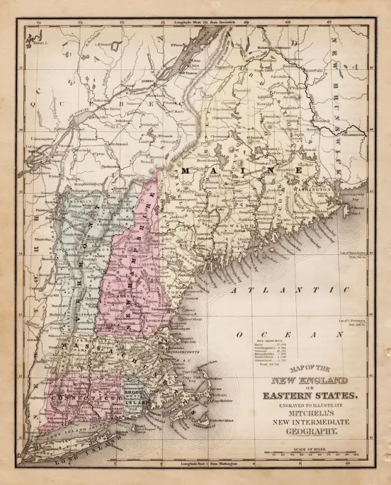 Framed Print : Map of New England state 1881 Framed Print : Map of New England state 1881