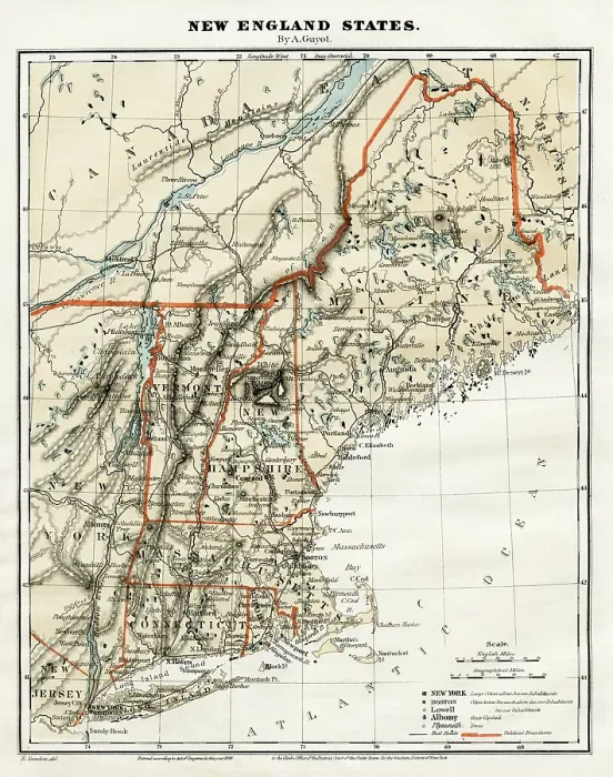 Framed Print : Map New England States 1868