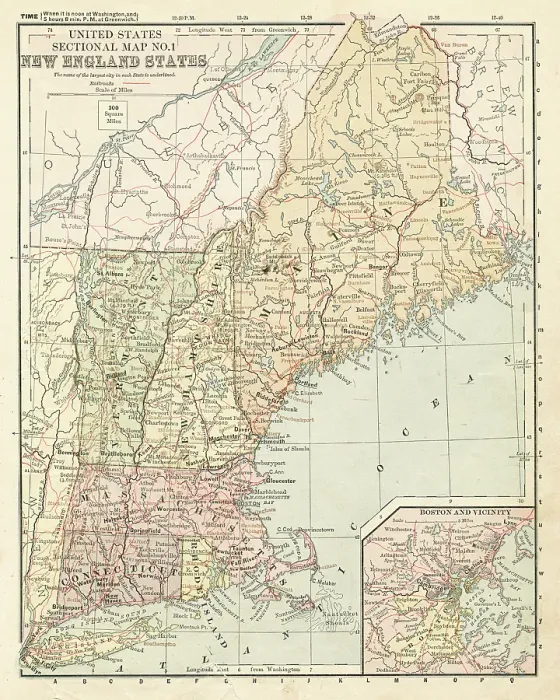 Framed Print : Map New England States 1881