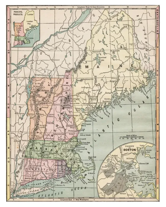 Framed Print : Map of New England states 1889 Framed Print : Map of New England states 1889
