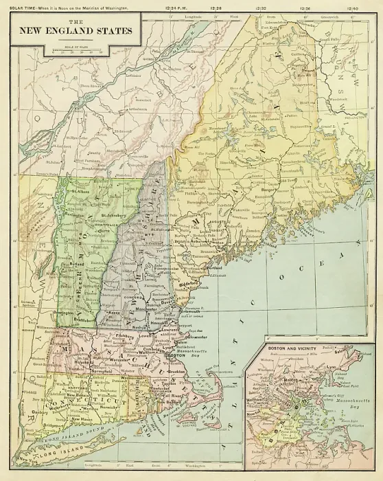 Framed Print : Map of New England states 1899 Framed Print : Map of New England states 1899