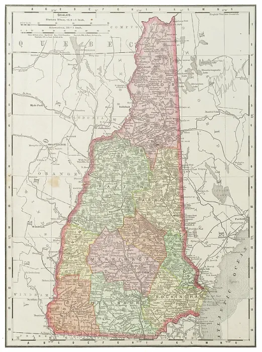 Framed Print : Map of the New Hampshire, United States 1899