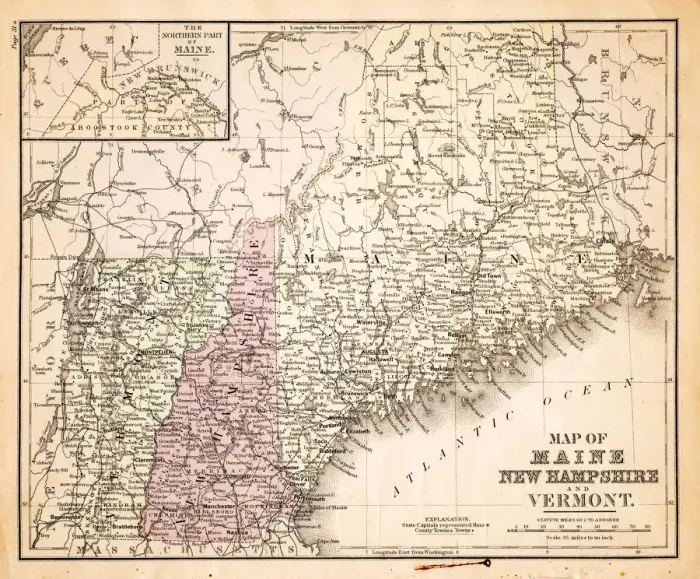Framed Print : Map of New Hampshire USA 1883 Framed Print : Map of New Hampshire USA 1883