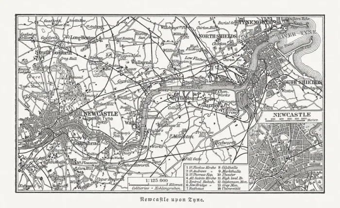 Framed Print : Map of Newcastle upon Tyne and surroundings, England, published 1897