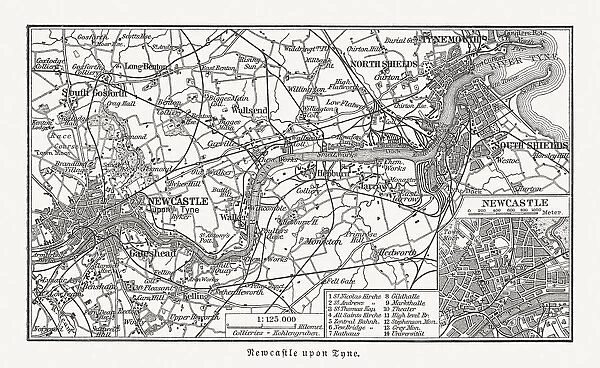 Map of Newcastle upon Tyne and surroundings, England, published 1897