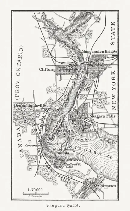 Framed Print : Map of the Niagara Falls, Canada, USA, woodcut, published 1897 Framed Print : Map of the Niagara Falls, Canada, USA, woodcut, published 1897