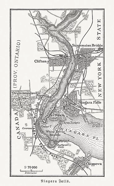 Map of the Niagara Falls, Canada, USA, woodcut, published 1897