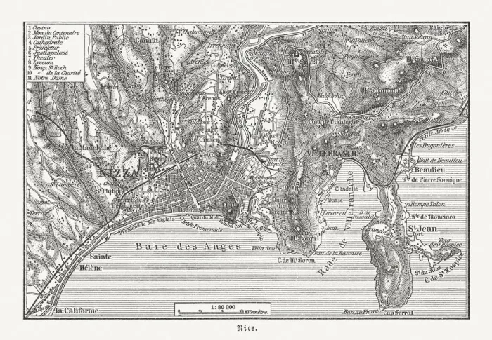 Framed Print : Map of Nice (France) and surroundings, wood engraving, published 1897 Framed Print : Map of Nice (France) and surroundings, wood engraving, published 1897