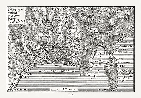 Map of Nice (France) and surroundings, wood engraving, published 1897