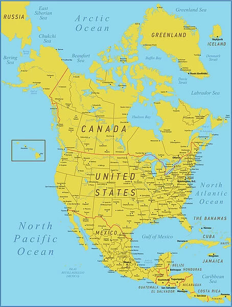 Map of North America. High detailed orange vector map with Borders and Rivers