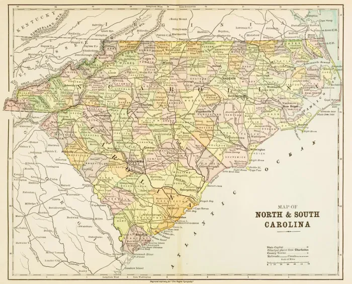 Framed Print : Map of North and South Carolina1883 Framed Print : Map of North and South Carolina1883