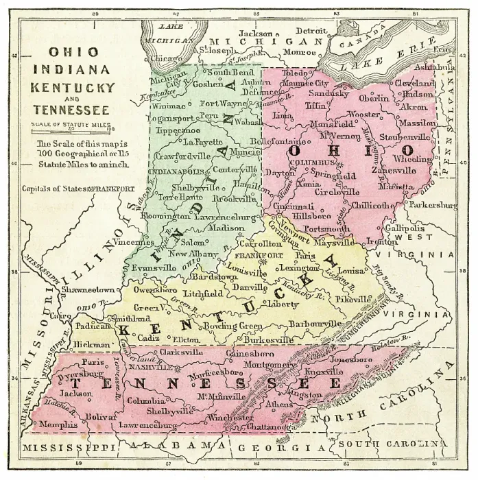 Framed Print : Map of Ohio, Indiana, Ohio, Kentucky 1871 Framed Print : Map of Ohio, Indiana, Ohio, Kentucky 1871