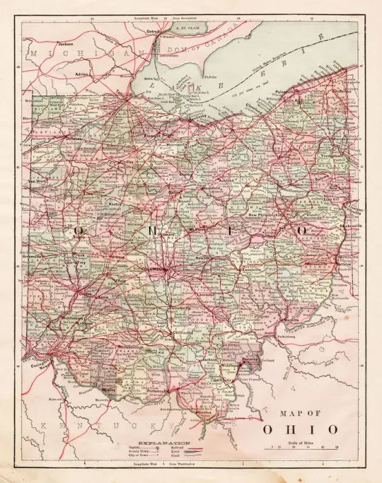 Framed Print : Map of the Ohio state USA 1881 Framed Print : Map of the Ohio state USA 1881