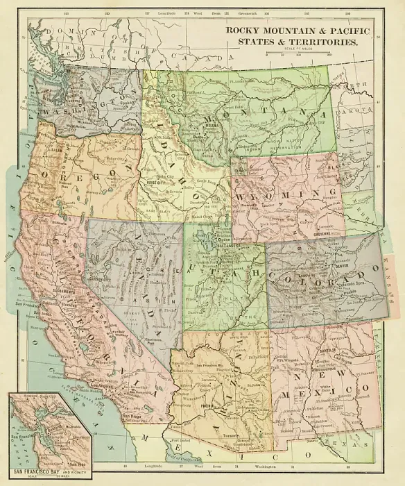 Framed Print : Map of the Pacific states USA 1899