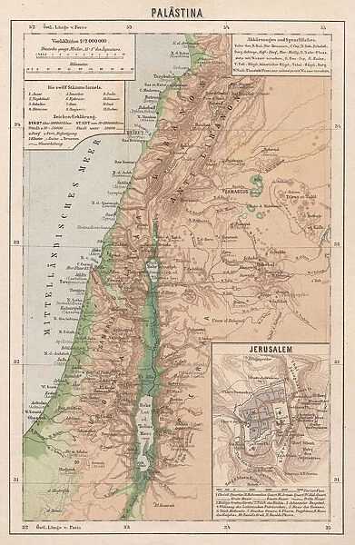 Map of Palestine and Jerusalem, lithograph, published in 1881