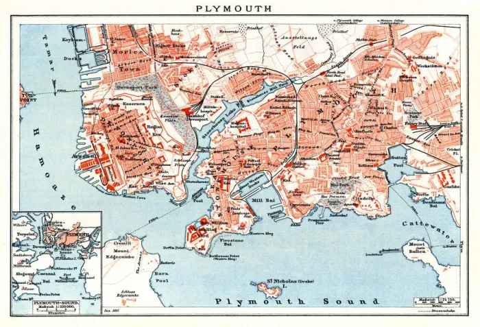 Framed Print : Map of Plymouth England 1898 Framed Print : Map of Plymouth England 1898