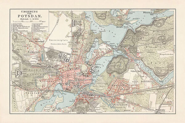 Map of Potsdam and surroundings, Brandenburg, Germany, lithograph, published 1897