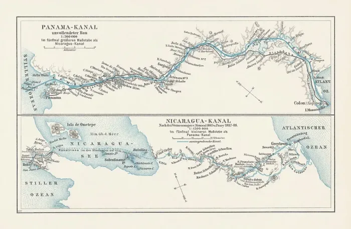 Framed Print : Map of projects of Panama and Nicaragua Canal, lithograph, 1897 Framed Print : Map of projects of Panama and Nicaragua Canal, lithograph, 1897