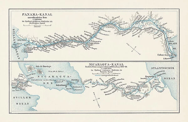 Map of projects of Panama and Nicaragua Canal, lithograph, 1897