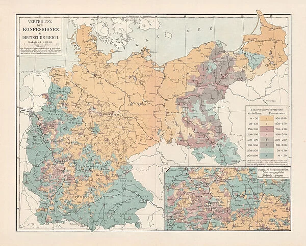 Map of religious affiliation in Germany, lithograph, published in 1897