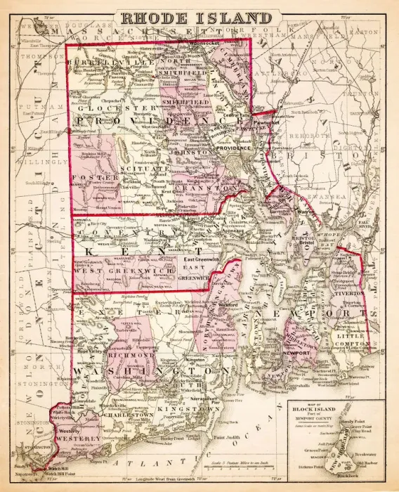 Framed Print : Map of Rhode Island USA 1883 Framed Print : Map of Rhode Island USA 1883