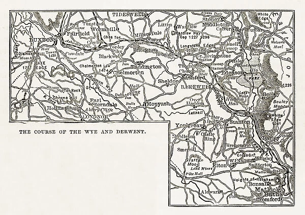 Map, Rivers Wye and Derwen, Derbyshire, England Victorian Engraving, 1840