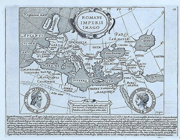 Map of the Roman Empire. The map is signed in the lower right corner by I. Laurus. The inserted text in the centre describes the extent from the Rhine in the north and the Tigris in the east, historical Rome, Italy