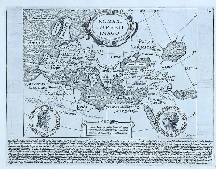 Framed Print : Map of the Roman Empire. The map is signed in the lower right corner by I. Laurus. The inserted text in the centre describes the extent from the Rhine in the north and the Tigris in the east, historical Rome, Italy Framed Print : Map of the Roman Empire. The map is signed in the lower right corner by I. Laurus. The inserted text in the centre describes the extent from the Rhine in the north and the Tigris in the east, historical Rome, Italy