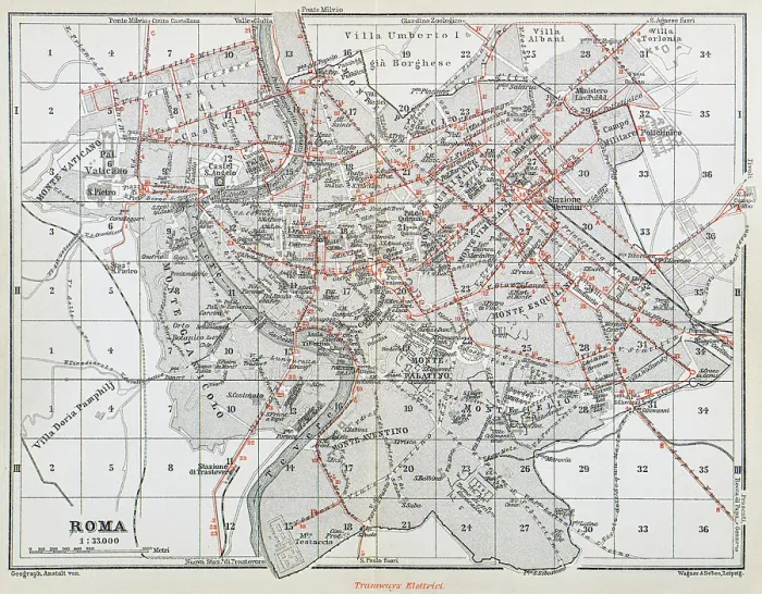 Framed Print : Map of Rome tramway system, Italy - 1893