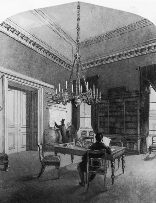 Framed Print : Map Room. circa 1850: Gentlemen consulting charts in the map room of the Framed Print : Map Room. circa 1850: Gentlemen consulting charts in the map room of the