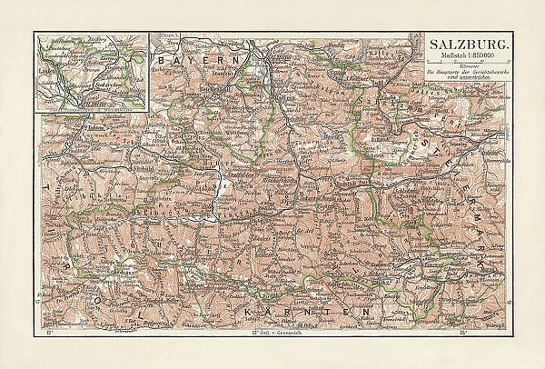 Map of Salzburg, federal state in Austria, lithograph, published 1897